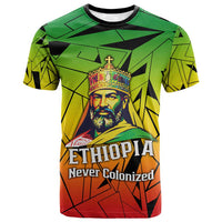 Menelik II T shirt with Crowned Portrait, Ethiopia Never Colonized Text and Pan-African Abstract - Wonder Print Shop