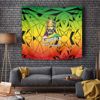 Menelik II Tapestry with Crowned Portrait, Ethiopia Never Colonized Text and Pan-African Abstract - Wonder Print Shop