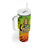 Menelik II Tumbler With Handle with Crowned Portrait, Ethiopia Never Colonized Text and Pan-African Abstract - Wonder Print Shop