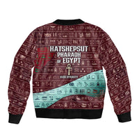 Hatshepsut Sleeve Zip Bomber Jacket with Pharaoh Bust Illustration, Female Pharaoh Title and Egyptian Hieroglyph - Wonder Print Shop