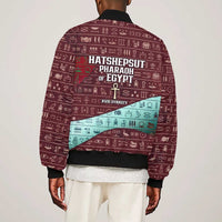 Hatshepsut Sleeve Zip Bomber Jacket with Pharaoh Bust Illustration, Female Pharaoh Title and Egyptian Hieroglyph - Wonder Print Shop