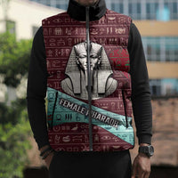 Hatshepsut Sleeveless Puffer Jacket with Pharaoh Bust Illustration, Female Pharaoh Title and Egyptian Hieroglyph - Wonder Print Shop