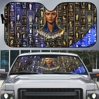Hatshepsut Auto Sun Shade with Queen King Portrait, Temple Illustration and Blue-Gold Hieroglyphic - Wonder Print Shop