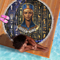 Hatshepsut Beach Blanket with Queen King Portrait, Temple Illustration and Blue-Gold Hieroglyphic - Wonder Print Shop