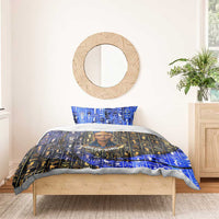 Hatshepsut Bedding Set with Queen King Portrait, Temple Illustration and Blue-Gold Hieroglyphic - Wonder Print Shop