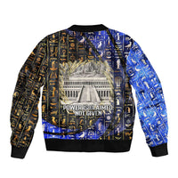 Hatshepsut Bomber Jacket with Queen King Portrait, Temple Illustration and Blue-Gold Hieroglyphic - Wonder Print Shop