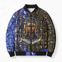 Hatshepsut Bomber Puffer Jacket with Queen King Portrait, Temple Illustration and Blue-Gold Hieroglyphic - Wonder Print Shop