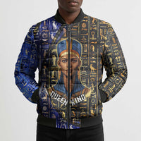 Hatshepsut Bomber Puffer Jacket with Queen King Portrait, Temple Illustration and Blue-Gold Hieroglyphic - Wonder Print Shop