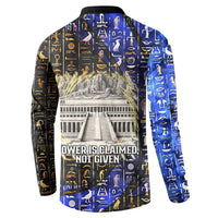 Hatshepsut Button Sweatshirt with Queen King Portrait, Temple Illustration and Blue-Gold Hieroglyphic