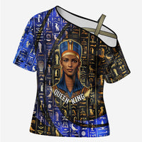 Hatshepsut Cross Shoulder Shirt with Queen King Portrait, Temple Illustration and Blue-Gold Hieroglyphic - Wonder Print Shop