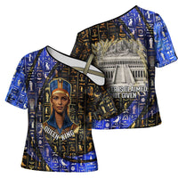Hatshepsut Cross Shoulder Shirt with Queen King Portrait, Temple Illustration and Blue-Gold Hieroglyphic - Wonder Print Shop