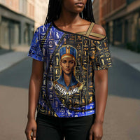 Hatshepsut Cross Shoulder Shirt with Queen King Portrait, Temple Illustration and Blue-Gold Hieroglyphic - Wonder Print Shop