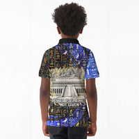 Hatshepsut Kid Polo Shirt with Queen King Portrait, Temple Illustration and Blue-Gold Hieroglyphic - Wonder Print Shop