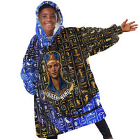 Hatshepsut Kid Wearable Blanket Hoodie with Queen King Portrait, Temple Illustration and Blue-Gold Hieroglyphic - Wonder Print Shop
