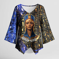 Hatshepsut Kimono Sleeve Blouse with Queen King Portrait, Temple Illustration and Blue-Gold Hieroglyphic - Wonder Print Shop