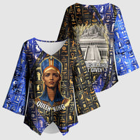 Hatshepsut Kimono Sleeve Blouse with Queen King Portrait, Temple Illustration and Blue-Gold Hieroglyphic - Wonder Print Shop