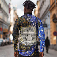Hatshepsut Long Sleeve Button Shirt with Queen King Portrait, Temple Illustration and Blue-Gold Hieroglyphic - Wonder Print Shop
