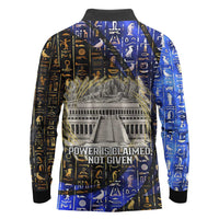 Hatshepsut Long Sleeve Polo Shirt with Queen King Portrait, Temple Illustration and Blue-Gold Hieroglyphic - Wonder Print Shop