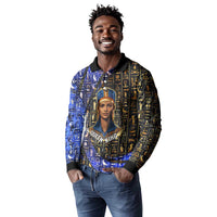 Hatshepsut Long Sleeve Polo Shirt with Queen King Portrait, Temple Illustration and Blue-Gold Hieroglyphic - Wonder Print Shop