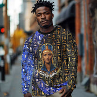 Hatshepsut Long Sleeve Shirt with Queen King Portrait, Temple Illustration and Blue-Gold Hieroglyphic - Wonder Print Shop