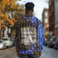 Hatshepsut Long Sleeve Shirt with Queen King Portrait, Temple Illustration and Blue-Gold Hieroglyphic - Wonder Print Shop