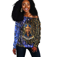 Hatshepsut Off Shoulder Sweater with Queen King Portrait, Temple Illustration and Blue-Gold Hieroglyphic - Wonder Print Shop