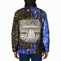 Hatshepsut Padded Jacket with Queen King Portrait, Temple Illustration and Blue-Gold Hieroglyphic - Wonder Print Shop
