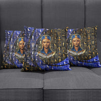 Hatshepsut Pillow Cover with Queen King Portrait, Temple Illustration and Blue-Gold Hieroglyphic - Wonder Print Shop