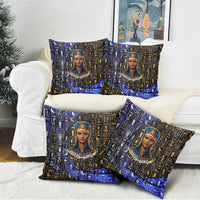 Hatshepsut Pillow Cover with Queen King Portrait, Temple Illustration and Blue-Gold Hieroglyphic - Wonder Print Shop