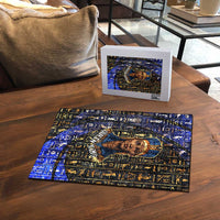 Hatshepsut Puzzle with Queen King Portrait, Temple Illustration and Blue-Gold Hieroglyphic - Wonder Print Shop