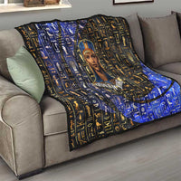 Hatshepsut Quilt with Queen King Portrait, Temple Illustration and Blue-Gold Hieroglyphic - Wonder Print Shop