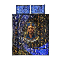 Hatshepsut Quilt Bed Set with Queen King Portrait, Temple Illustration and Blue-Gold Hieroglyphic - Wonder Print Shop