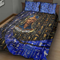 Hatshepsut Quilt Bed Set with Queen King Portrait, Temple Illustration and Blue-Gold Hieroglyphic - Wonder Print Shop