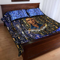 Hatshepsut Quilt Bed Set with Queen King Portrait, Temple Illustration and Blue-Gold Hieroglyphic - Wonder Print Shop