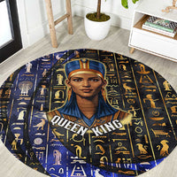 Hatshepsut Round Carpet with Queen King Portrait, Temple Illustration and Blue-Gold Hieroglyphic - Wonder Print Shop