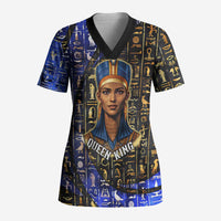 Hatshepsut Scrub Top with Queen King Portrait, Temple Illustration and Blue-Gold Hieroglyphic - Wonder Print Shop