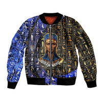 Hatshepsut Sleeve Zip Bomber Jacket with Queen King Portrait, Temple Illustration and Blue-Gold Hieroglyphic - Wonder Print Shop