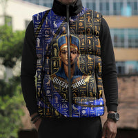 Hatshepsut Sleeveless Puffer Jacket with Queen King Portrait, Temple Illustration and Blue-Gold Hieroglyphic - Wonder Print Shop