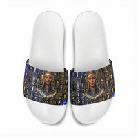 Hatshepsut Slide Sandals with Queen King Portrait, Temple Illustration and Blue-Gold Hieroglyphic - Wonder Print Shop