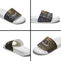 Hatshepsut Slide Sandals with Queen King Portrait, Temple Illustration and Blue-Gold Hieroglyphic - Wonder Print Shop