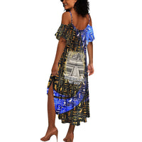 Hatshepsut Summer Maxi Dress with Queen King Portrait, Temple Illustration and Blue-Gold Hieroglyphic - Wonder Print Shop