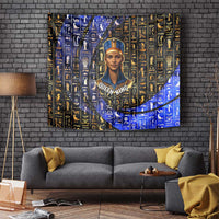 Hatshepsut Tapestry with Queen King Portrait, Temple Illustration and Blue-Gold Hieroglyphic - Wonder Print Shop