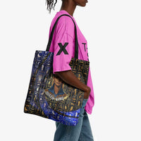 Hatshepsut Tote Bag with Queen King Portrait, Temple Illustration and Blue-Gold Hieroglyphic - Wonder Print Shop