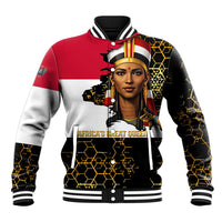 Hatshepsut Baseball Jacket with Royal Portrait, Pre-Colonial Empires Text and Red-Black Honeycomb - undefined