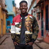 Hatshepsut Bomber Jacket with Royal Portrait, Pre-Colonial Empires Text and Red-Black Honeycomb - Wonder Print Shop