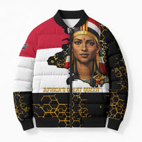 Hatshepsut Bomber Puffer Jacket with Royal Portrait, Pre-Colonial Empires Text and Red-Black Honeycomb - Wonder Print Shop