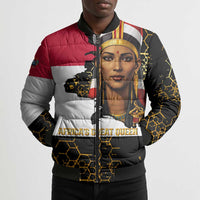 Hatshepsut Bomber Puffer Jacket with Royal Portrait, Pre-Colonial Empires Text and Red-Black Honeycomb - Wonder Print Shop