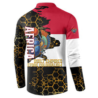 Hatshepsut Button Sweatshirt with Royal Portrait, Pre-Colonial Empires Text and Red-Black Honeycomb