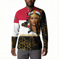 Hatshepsut Button Sweatshirt with Royal Portrait, Pre-Colonial Empires Text and Red-Black Honeycomb