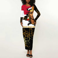 Hatshepsut Long Sleeve Bodycon Dress with Royal Portrait, Pre-Colonial Empires Text and Red-Black Honeycomb - Wonder Print Shop